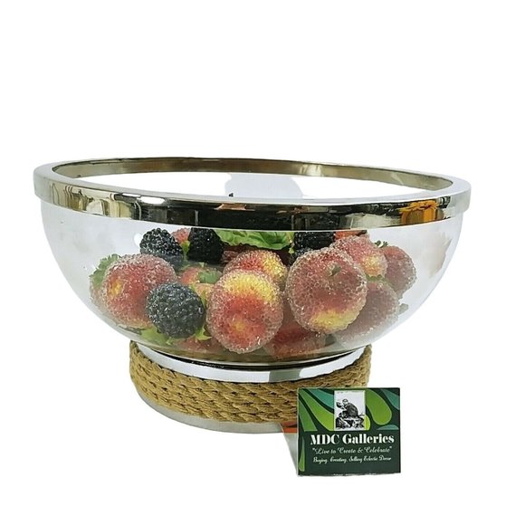 Bowl Glass Fruit Salad Serving Bowl Chrome Trim Rope Accent - Picture 2 of 9